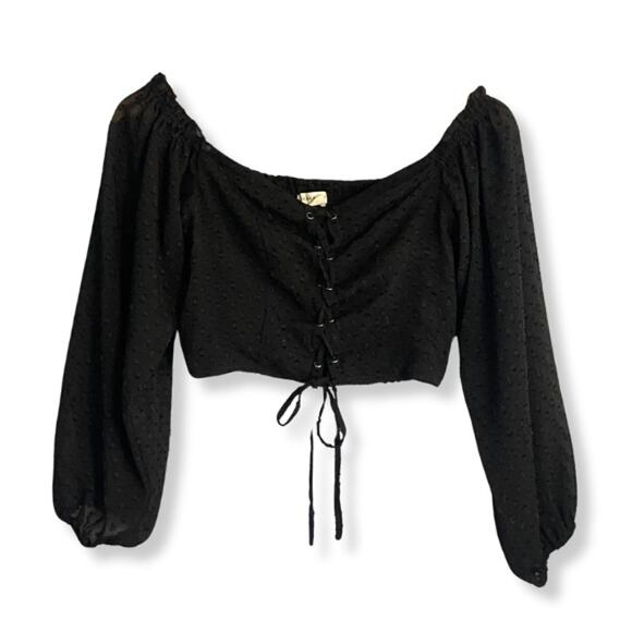 Aeropostale Cropped Top Lace Up Off Shoulder Sheer Long Sleeves Black W S NWOT - Picture 2 of 12